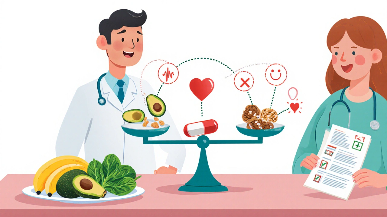 A doctor and patient at a table with healthy foods balancing atenolol side effects