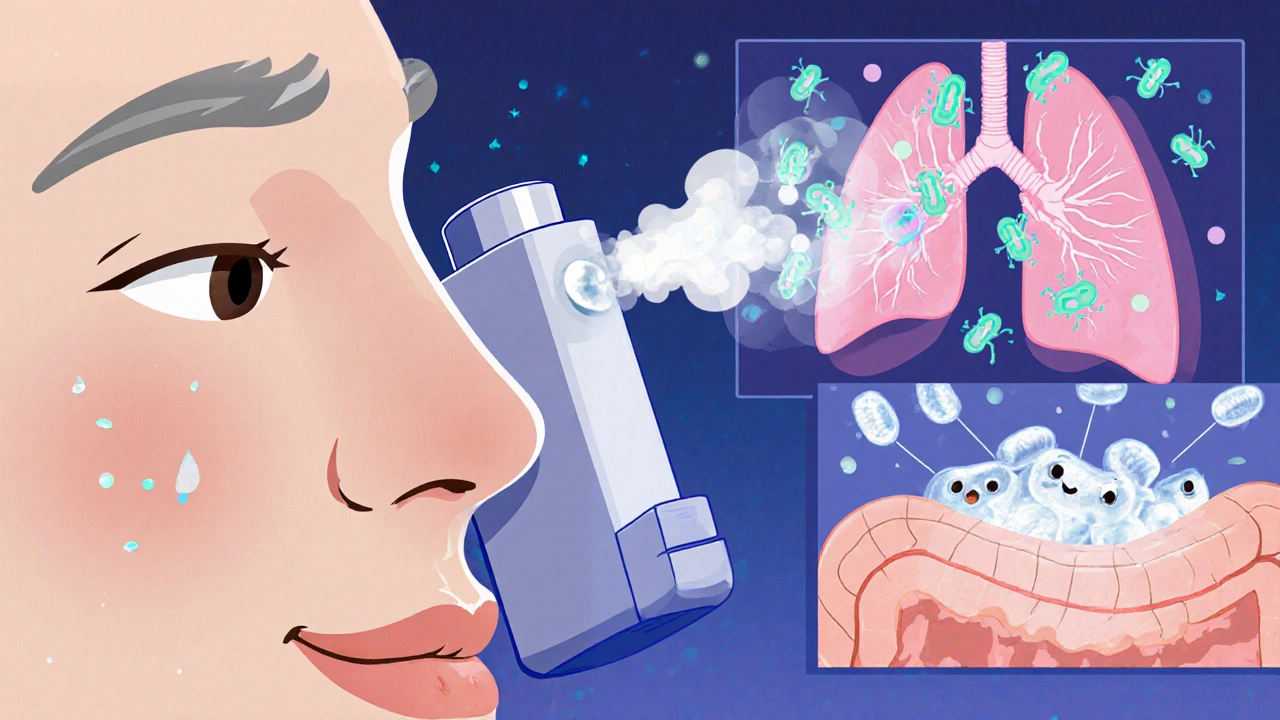 A patient inhales medicine that dissolves lung bacteria, with a healing wound shown beside.