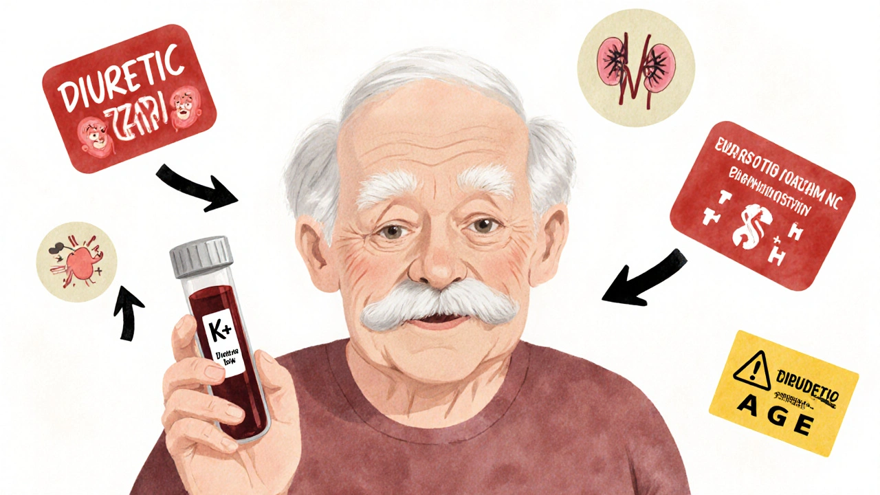 An elderly person holding a blood test with opposing electrolyte imbalance warnings