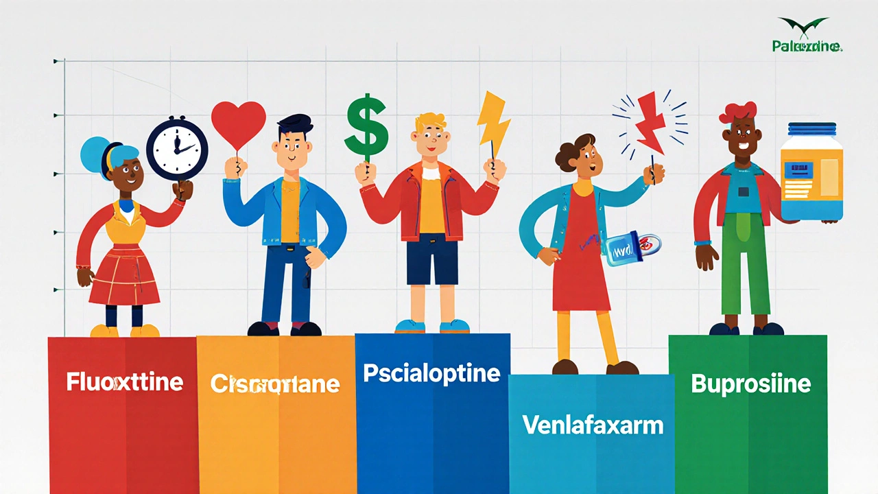 Cartoon characters for seven antidepressants each holding symbols for half‑life, cost, and benefits.