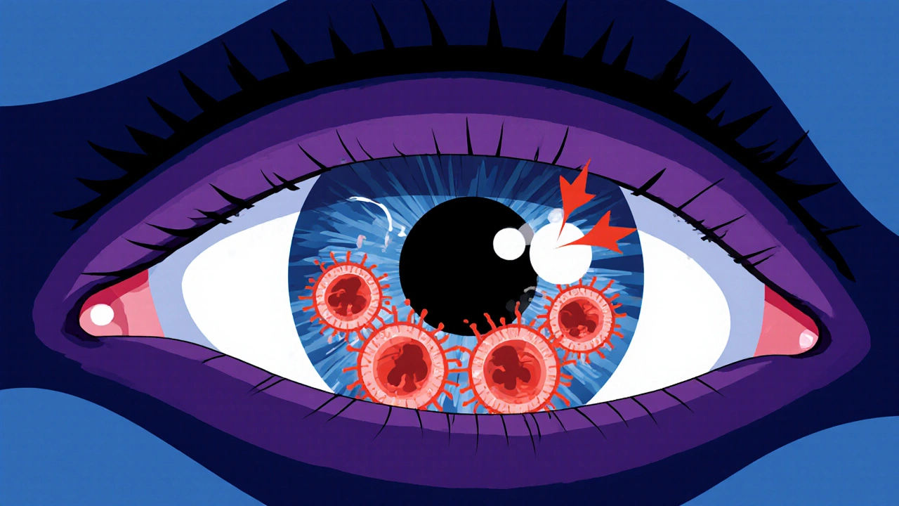 Cartoon cross‑section shows swollen eye muscles and antibodies in thyroid eye disease.
