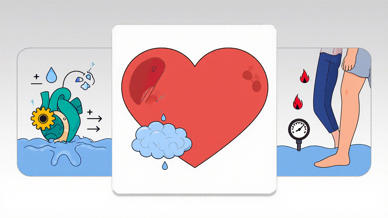 Cartoon heart with panels showing ATPase pump, fluid retention droplets, and lowered metabolism gauge.