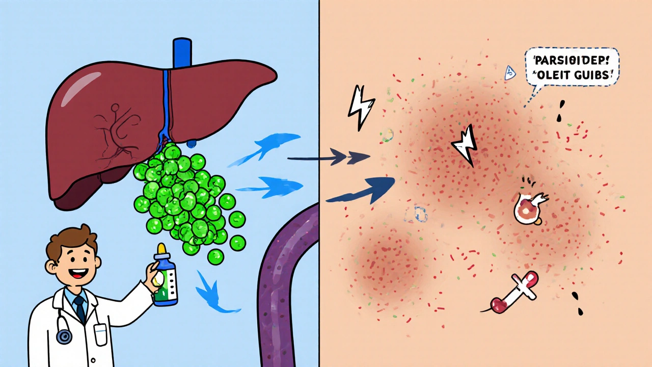 Cartoon split view showing liver releasing bile acids and skin irritation, with doctor and ursodiol.