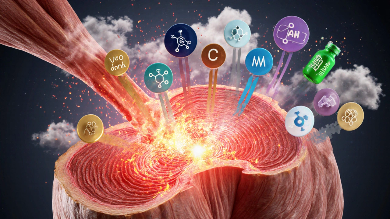 Cellular inflammation diagram showing prostaglandins and natural supplement molecules blocking them.