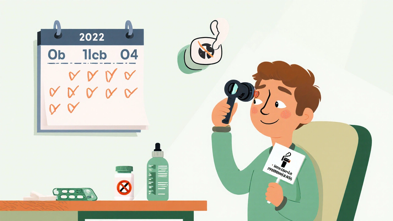 Clinician examines patient’s eyes with supplements and no‑smoking reminder nearby.