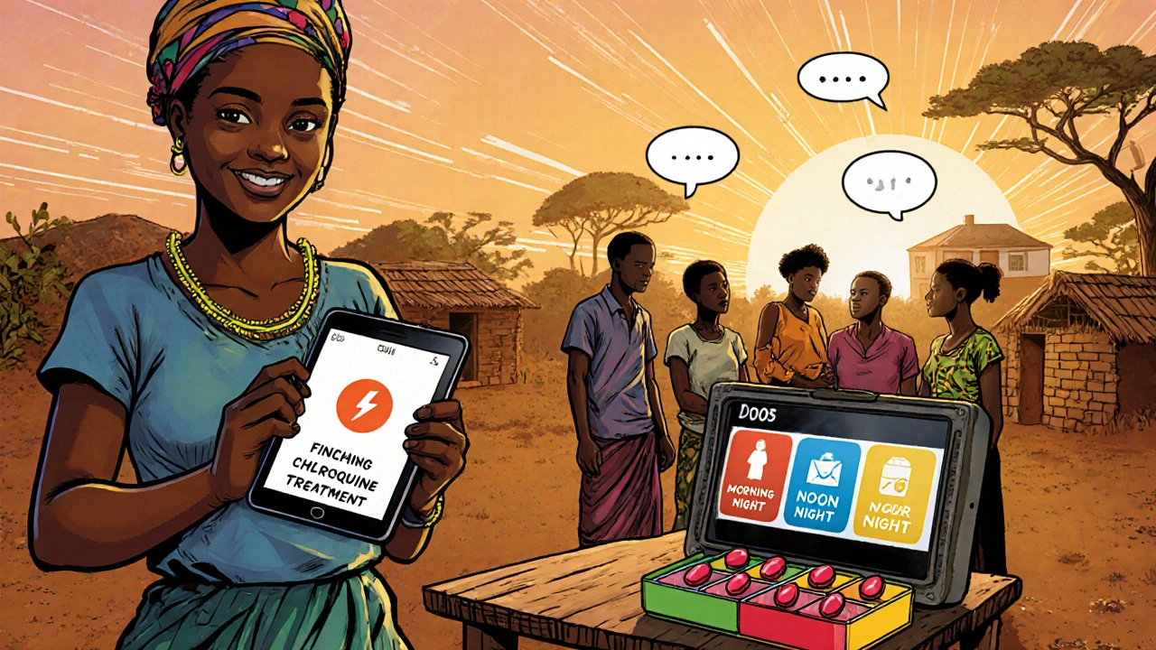 Community health worker shows reminder app and pillbox to villagers at sunrise.