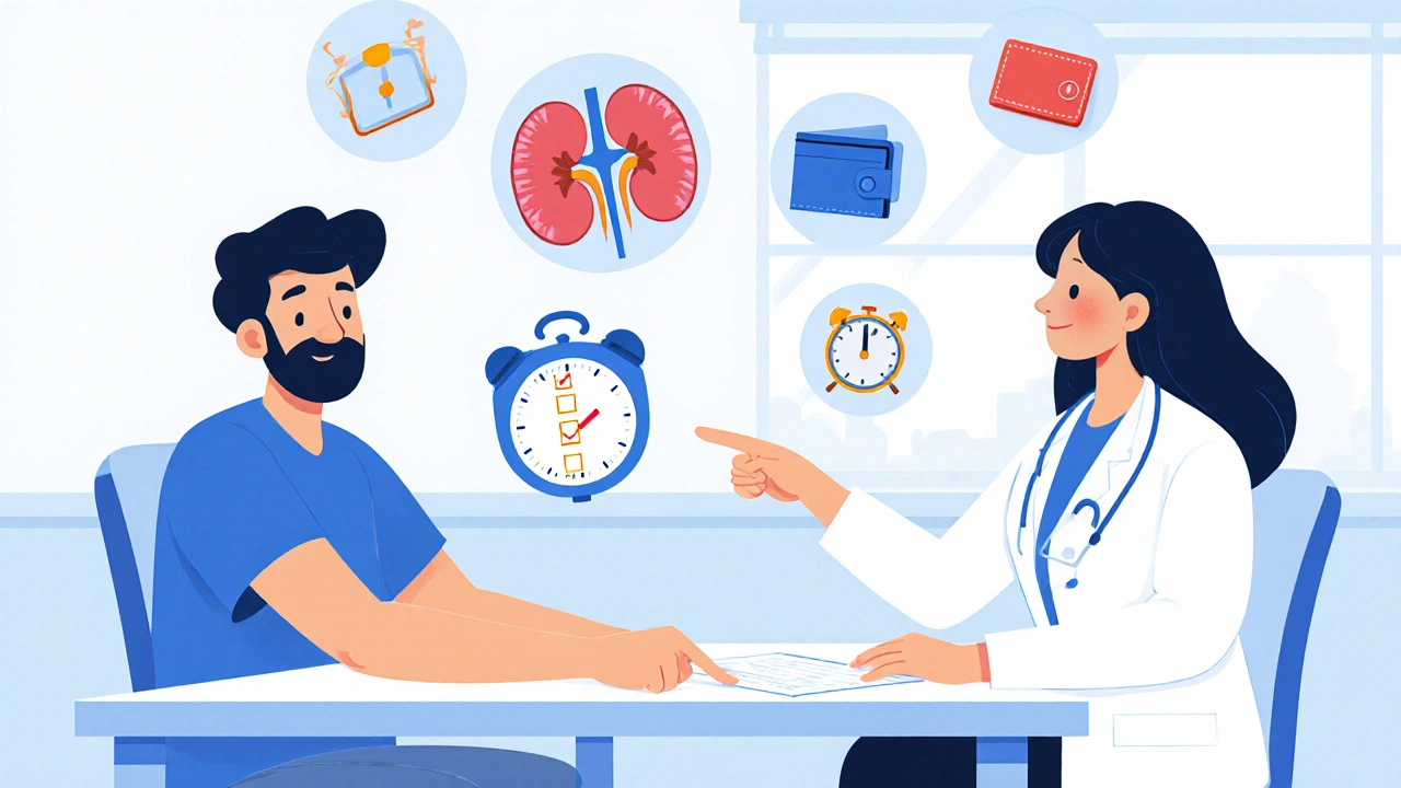 Doctor and patient reviewing a checklist with floating icons for kidney, weight, cost, and timing.