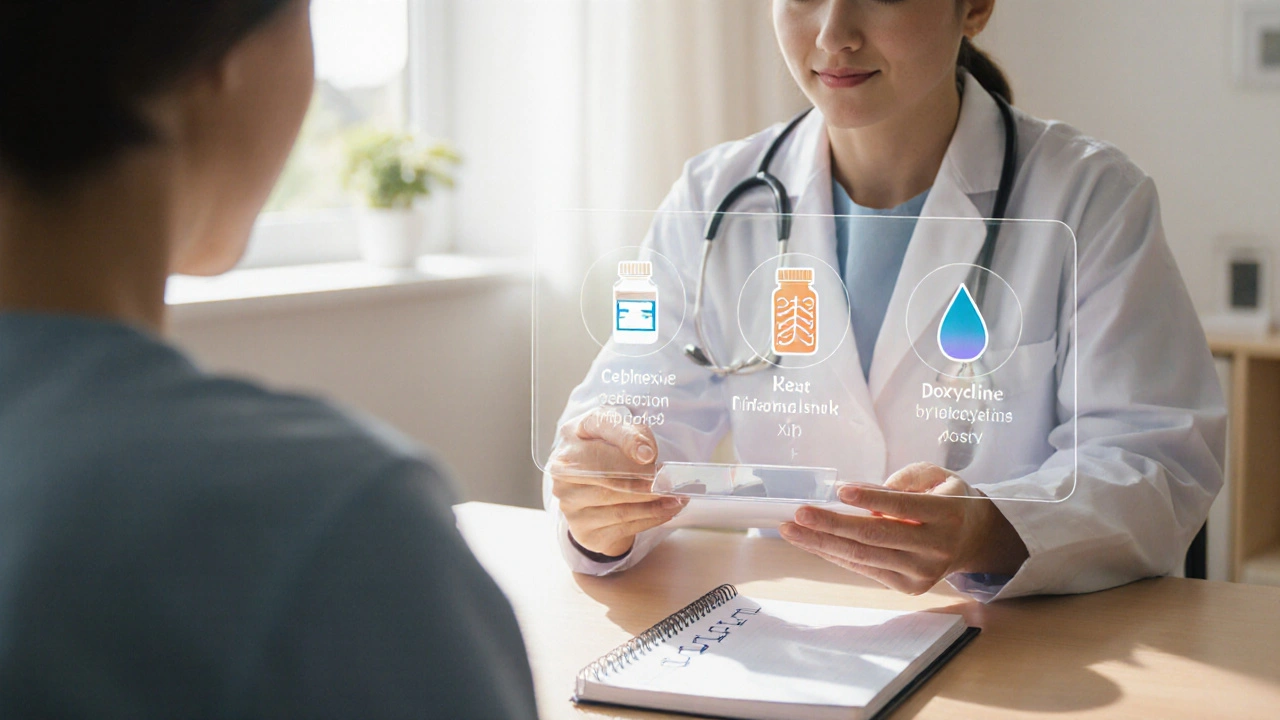 Doctor consulting patient, discussing antibiotic choices with visual icons.