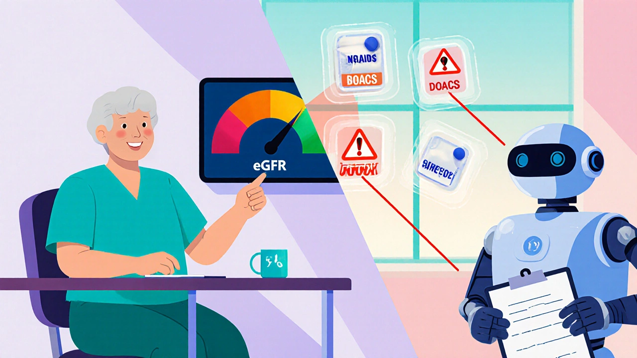 Doctor with patient reviewing eGFR on tablet while AI robot shows drug warnings.