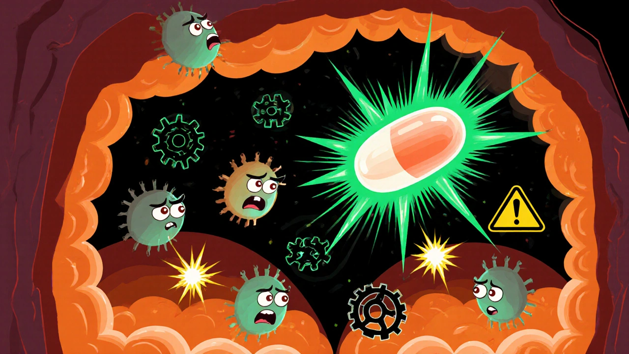 Doxycycline capsule battles bacteria inside a stylized sinus cavity.