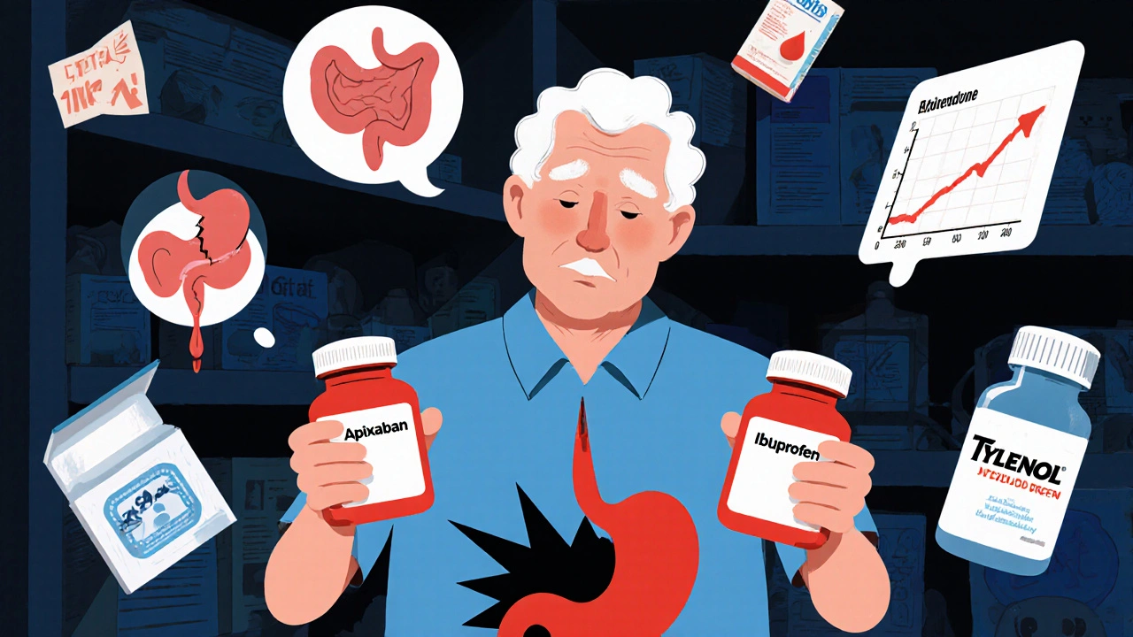 Elderly man holding NSAID and blood thinner pills, with a red bleeding shadow across his stomach and Tylenol glowing nearby.