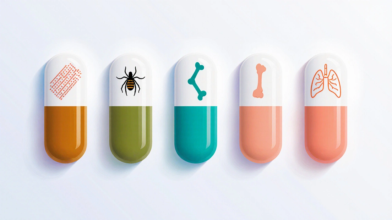 Four distinct antibiotic pills with icons for skin, tick, bone, and lung infections.
