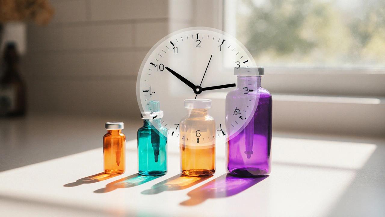 Four insulin devices arranged with a clock overlay indicating timing differences.
