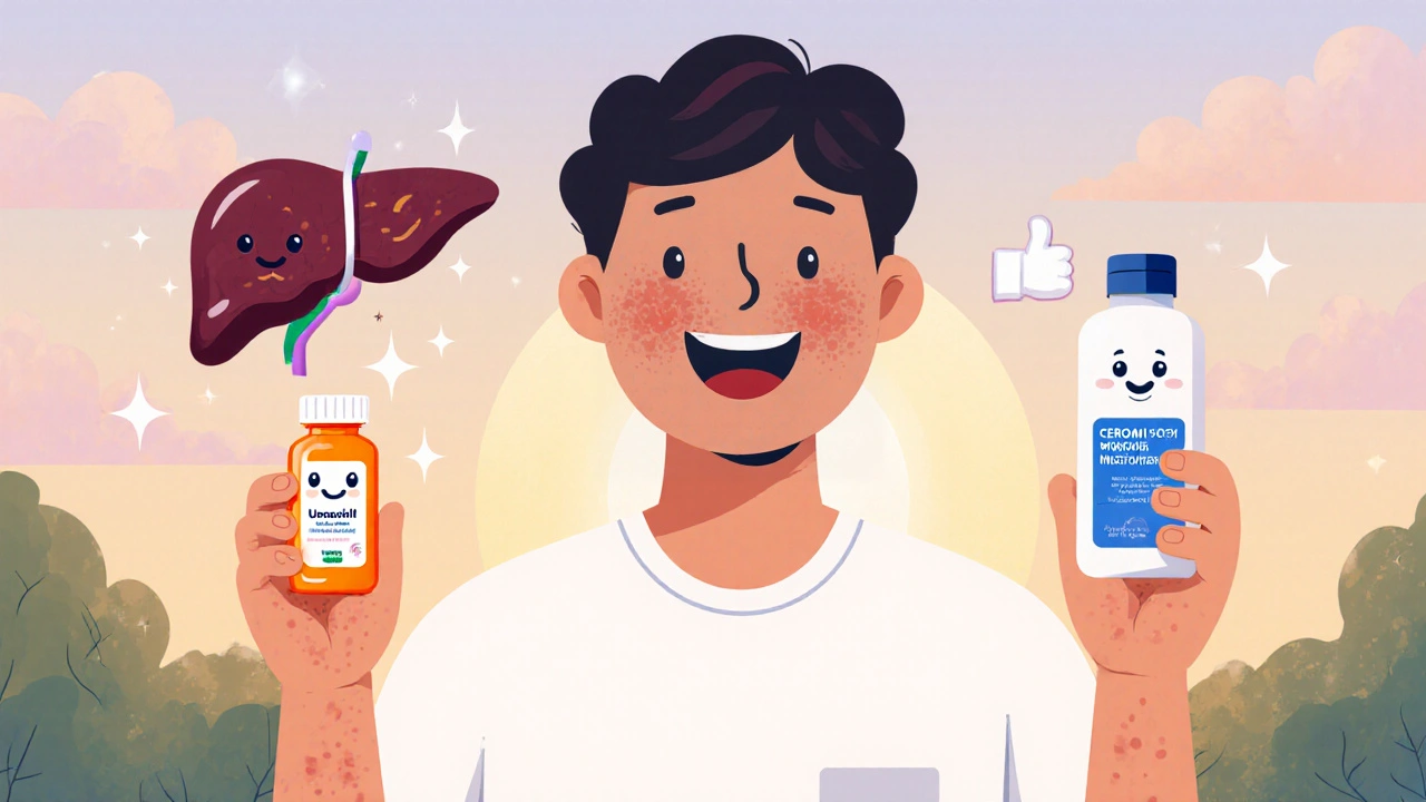 Happy patient with clear skin holding ursodiol pill and moisturizer under sunset.