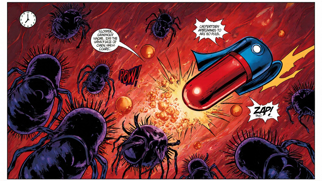 Heroic chloroquine pill fights purple malaria parasites in bright bloodstream.