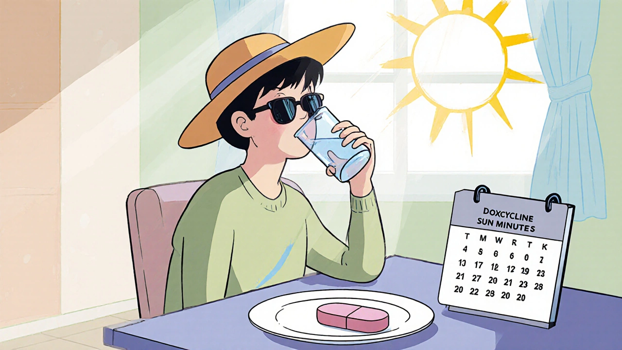 Patient drinks water with doxycycline, wearing sun protection and a calendar.