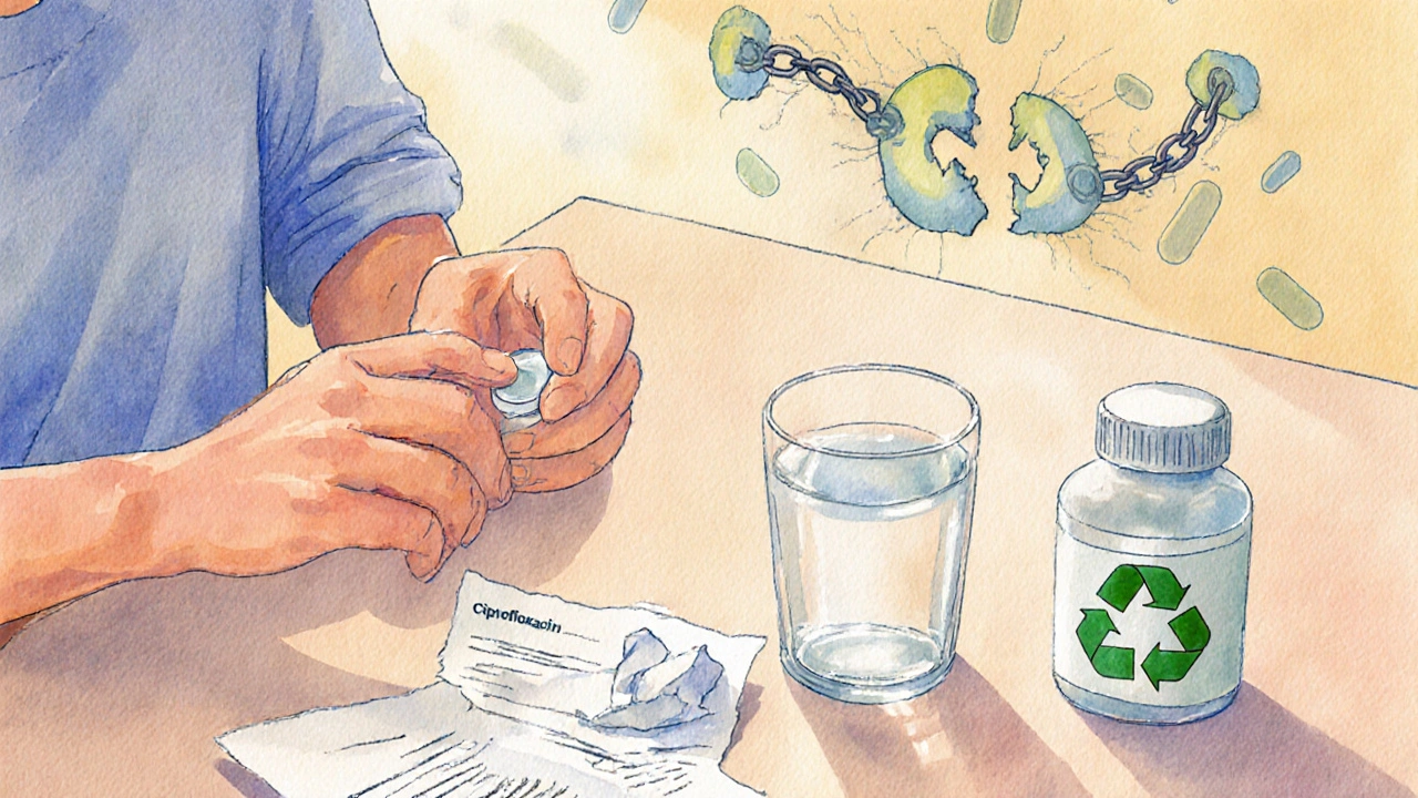 Patient finishing ciprofloxacin course at kitchen table, with water glass and empty bottle.