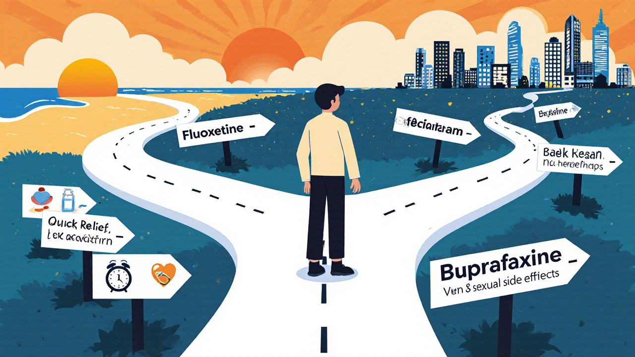 Person at a crossroads with signs pointing to different antidepressants and their key features.