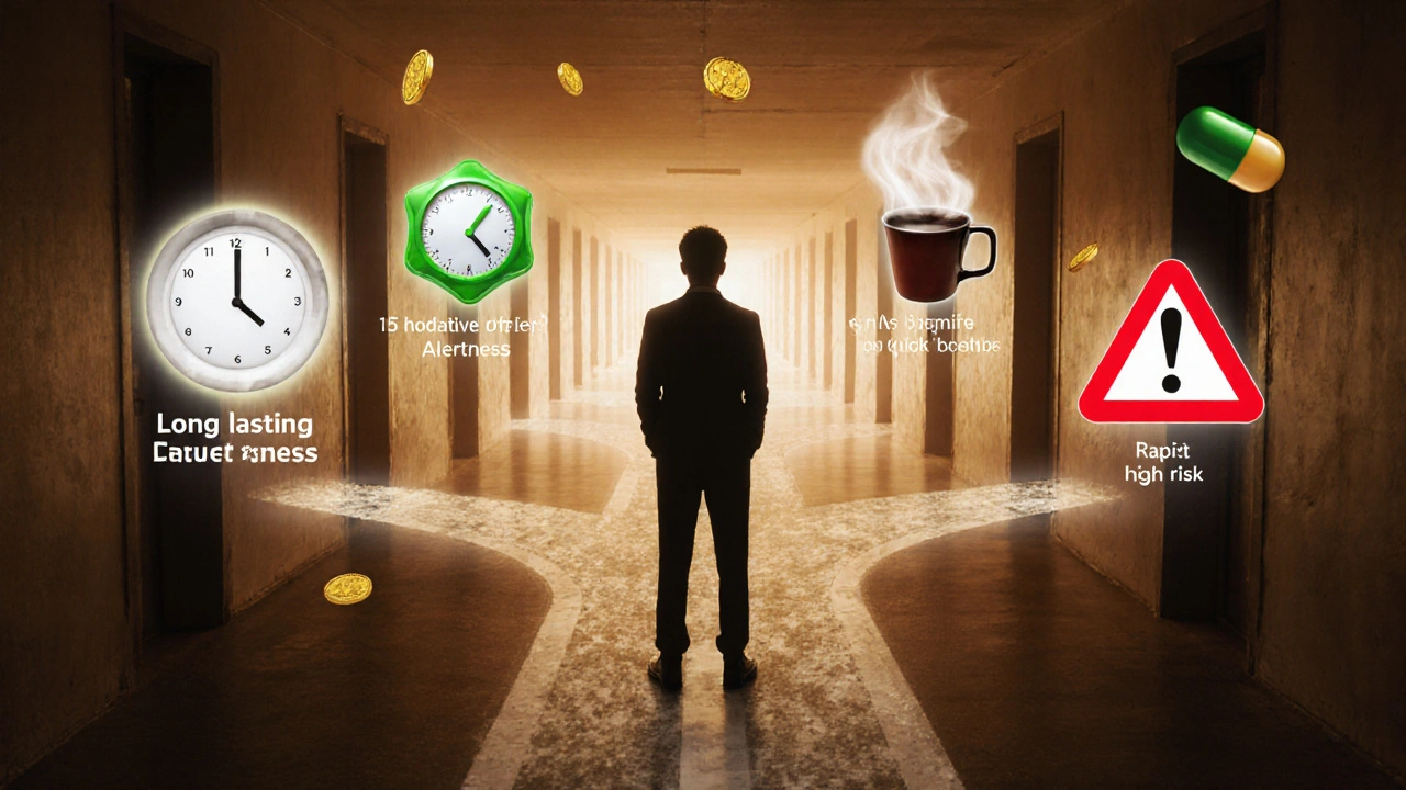 Person at a hallway crossroads with glowing tablets, coffee cup and amphetamine capsule, each marked by coin, clock and warning icons.