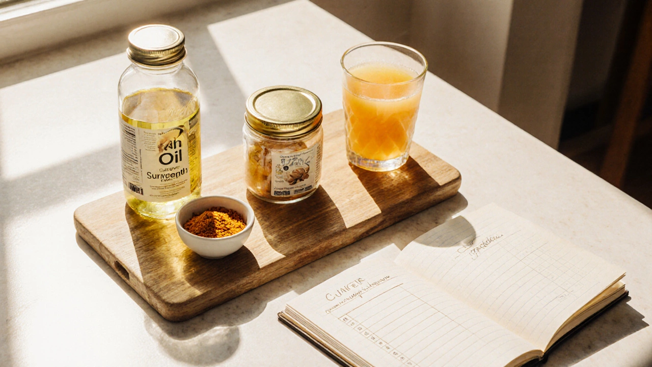 Person preparing a daily supplement routine with turmeric, fish oil, and ginger in a bright kitchen.
