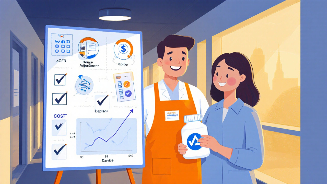 Pharmacist checking a dosage checklist beside a holographic cost‑saving display.