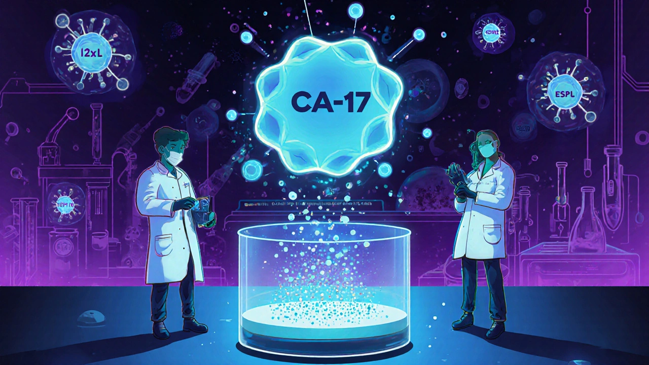 Scientists observe a glowing molecule destroying resistant bacteria in a high-tech lab.