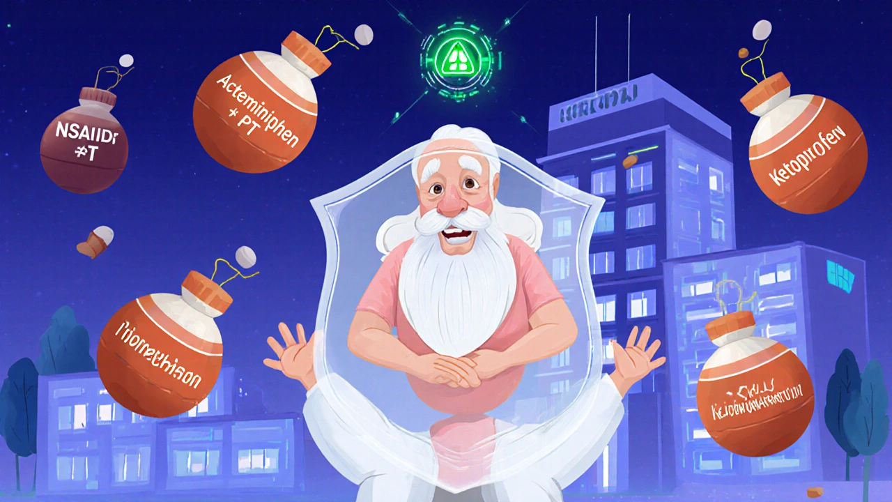 Senior doing yoga protected by a shield labeled 'Acetaminophen + PT', while NSAID bombs fall harmlessly away.