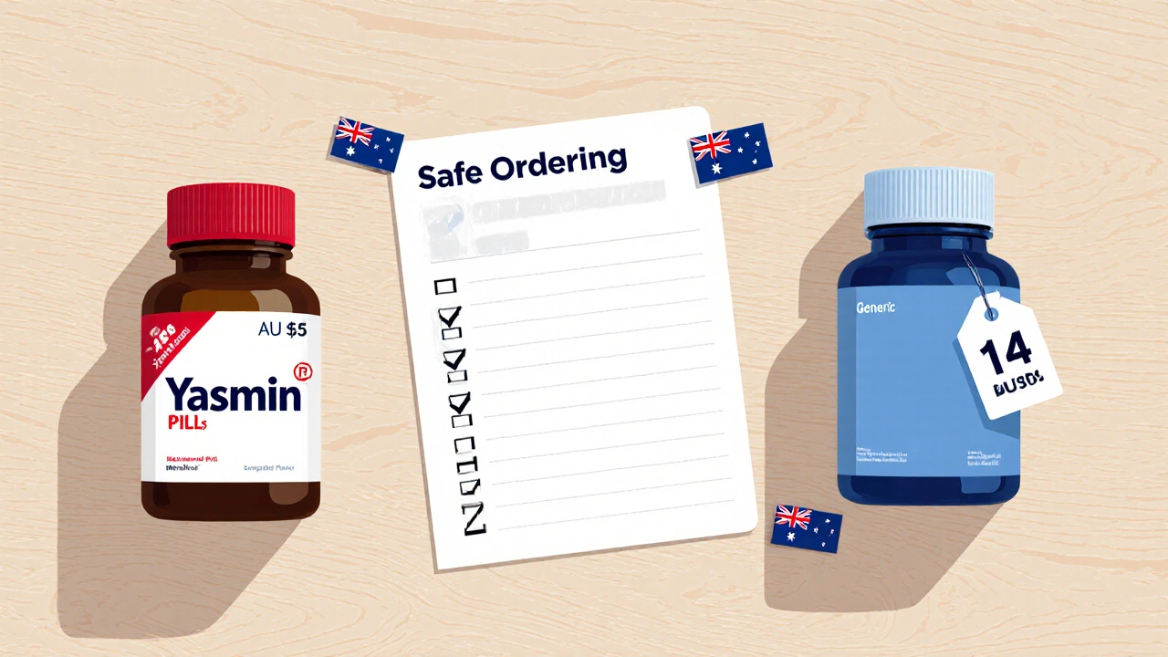 Side‑by‑side view of brand and generic Yasmin bottles with price tags, calculator, and checklist.