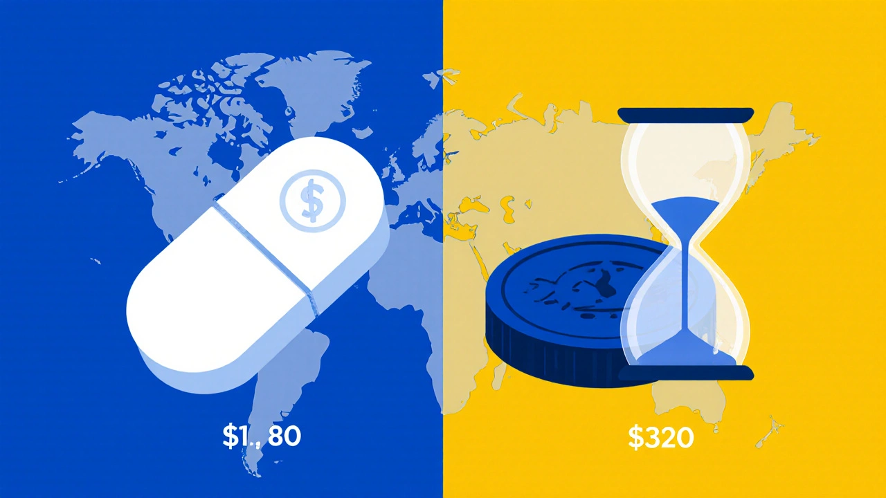 Side‑by‑side view of white and blue tablets with coin icons, maps and hourglass symbols indicating cost and half‑life.