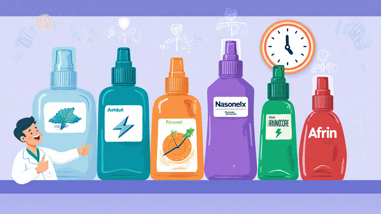 Six colorful nasal spray bottles on a pharmacy shelf with icons hinting at drug types.