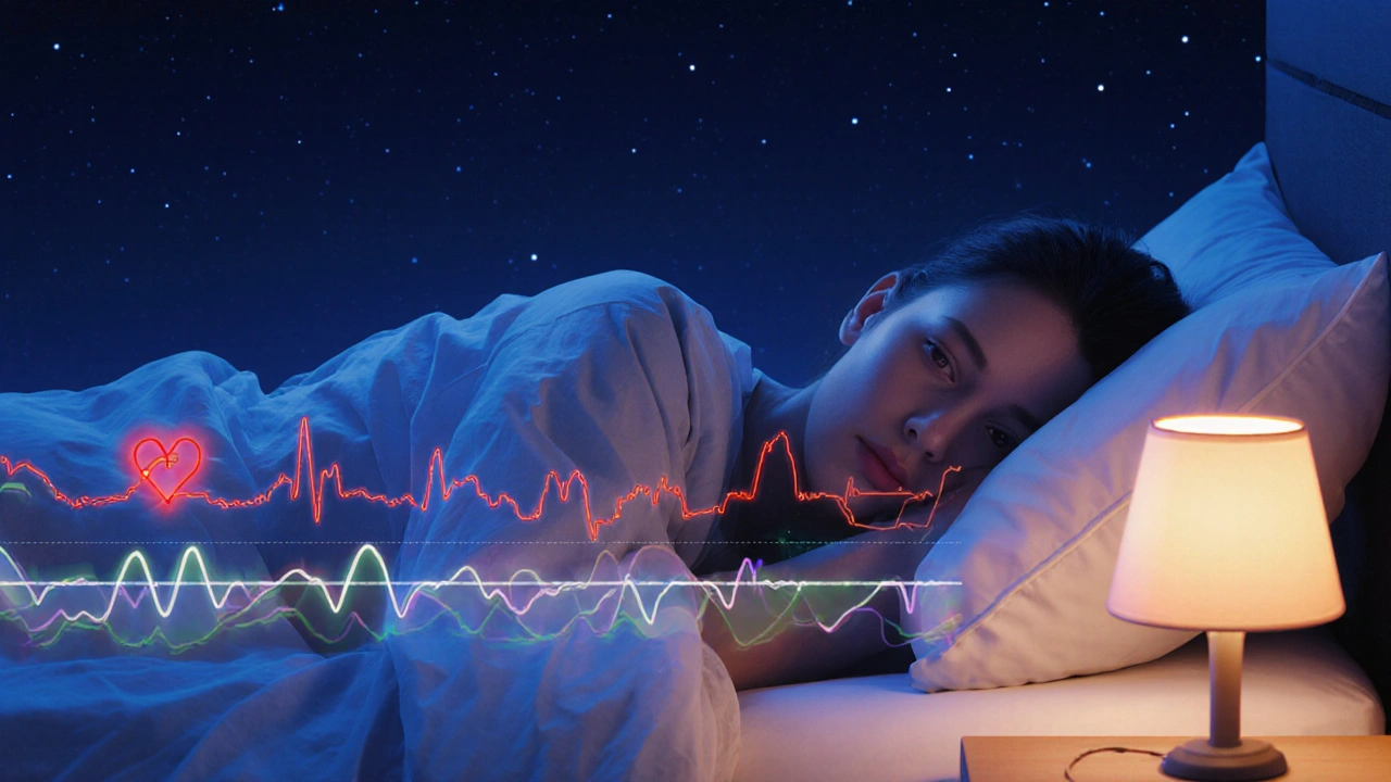 Sleeping figure shown with glowing lines for movement, heart rate, and sleep stages.