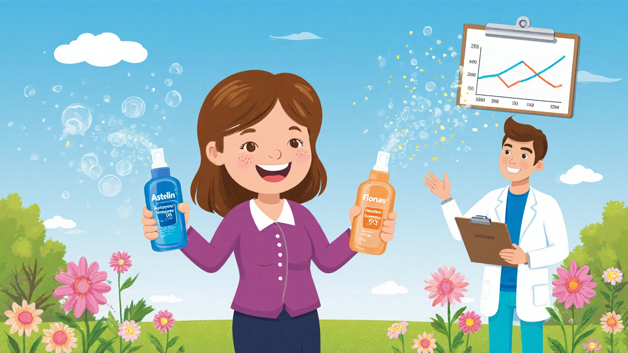 Teacher smiling in a park holding Astelin and Flonase bottles, pollen fading away.