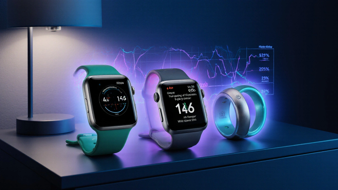 Three sleep tracker devices on a nightstand with subtle halos indicating features.
