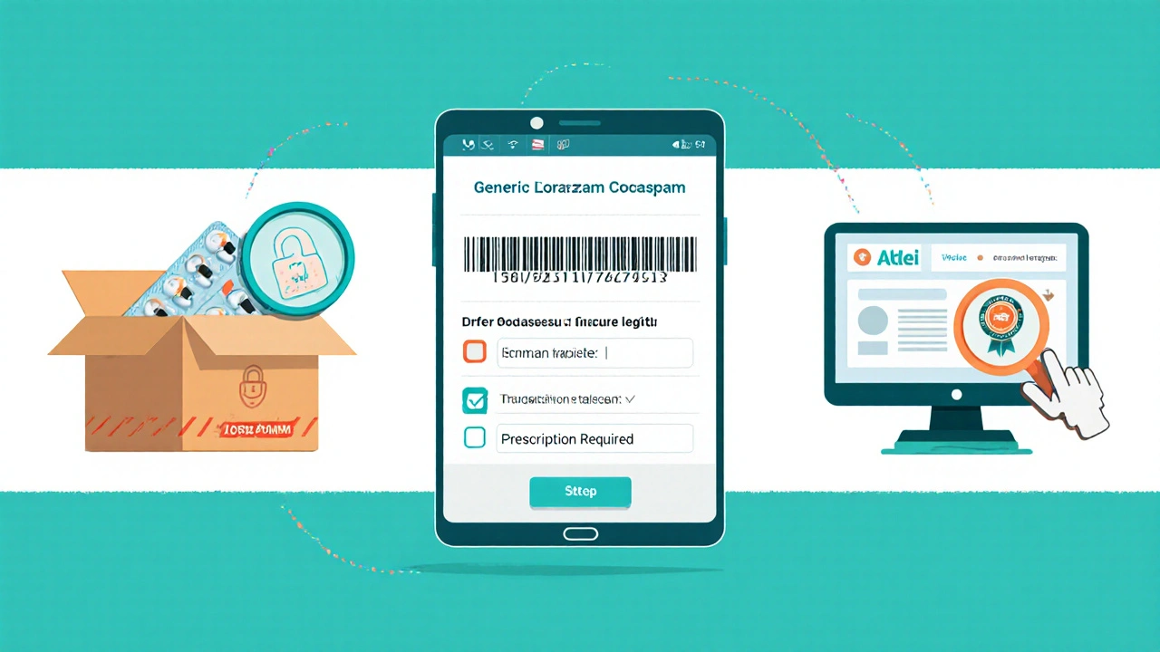 Vector checklist illustration of prescription upload, SSL lock, tracking number, and pill verification.