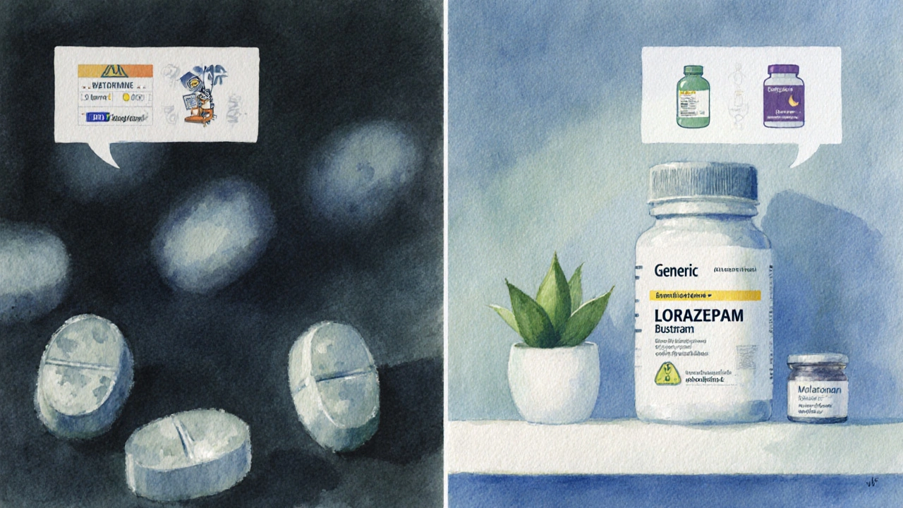 Watercolor contrast of counterfeit pills versus properly stored generic lorazepam and alternatives.