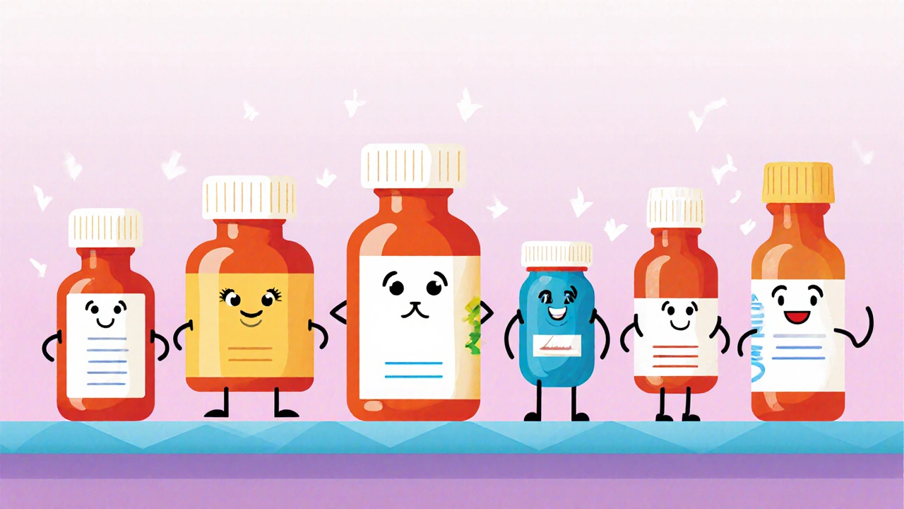 Whimsical shelf with five colorful medicine bottles, each with friendly cartoon features.