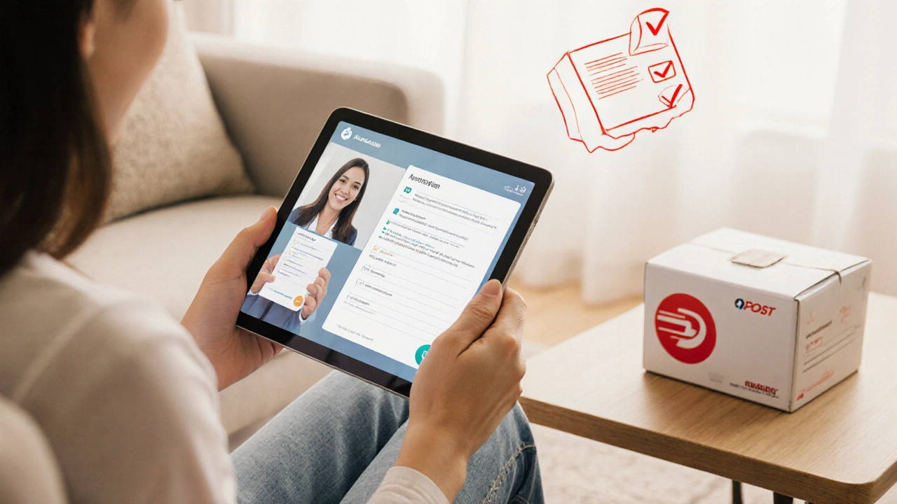Woman using tablet for telehealth, holding prescription, with sealed delivery box nearby.