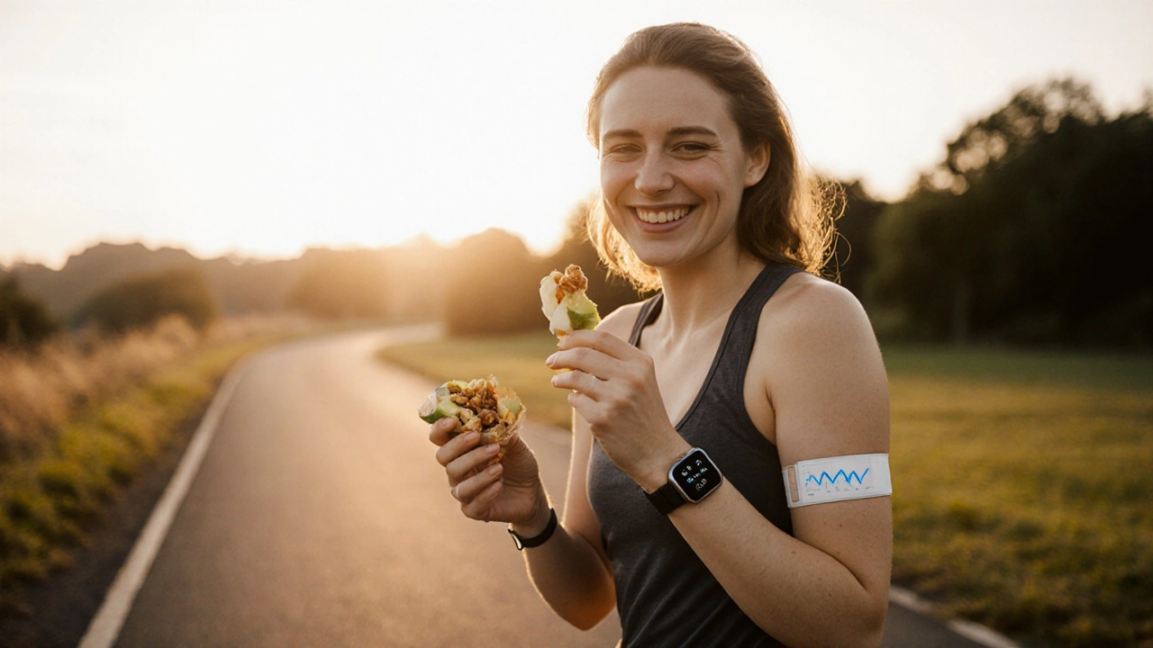 Young adult outdoors wearing an insulin pump and CGM, holding a snack, ready to exercise.