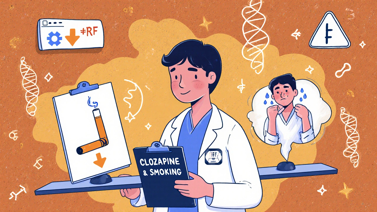 A clinician balancing cigarette and quit-smoking symbols on a seesaw with genetic alerts in background.