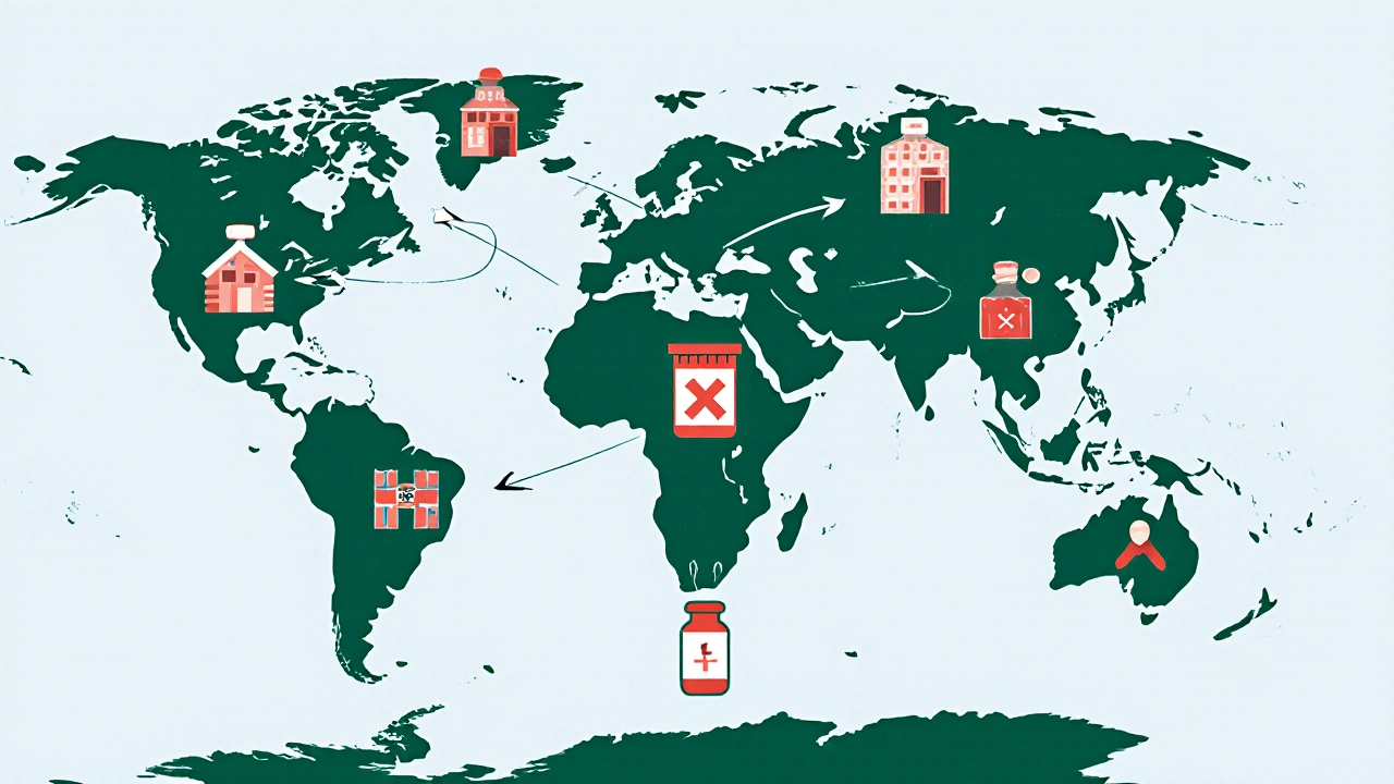 A global map showing stability conditions for drugs with icons of homes and hospitals in clean cartoon style.