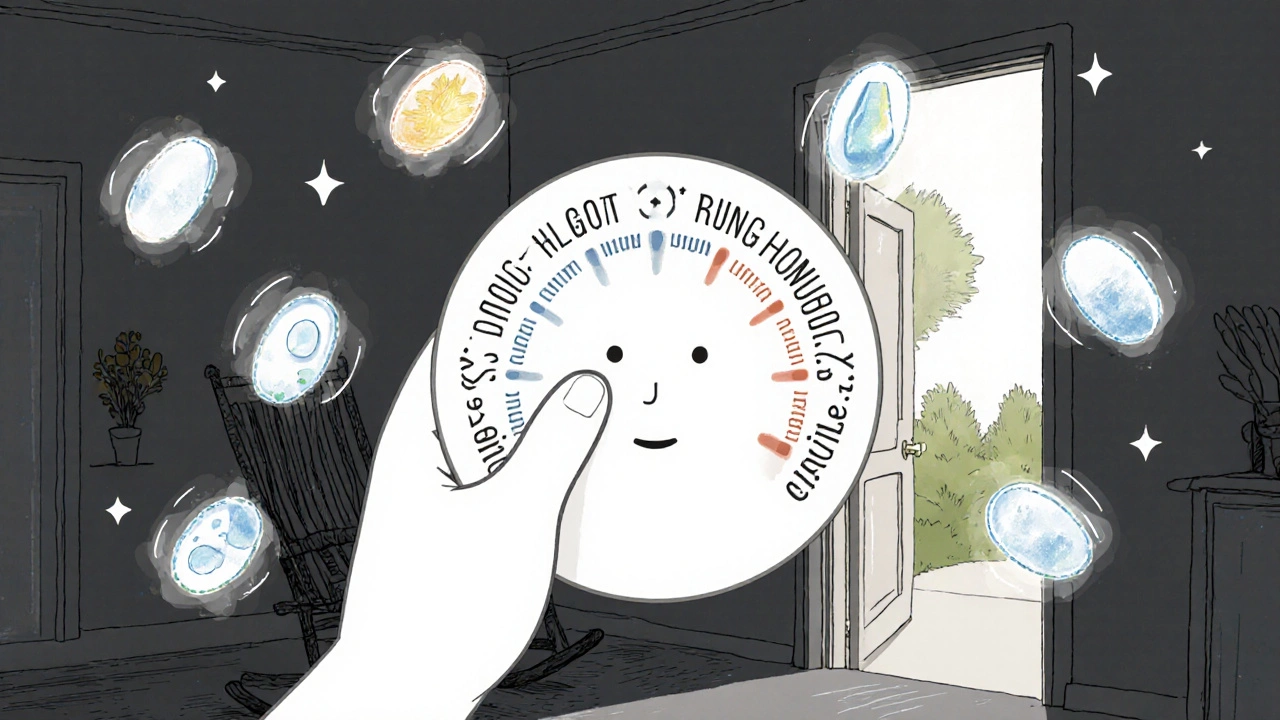 A human-faced thermostat turning from stressed to calm, surrounded by floating homeopathic pellets and breezes.