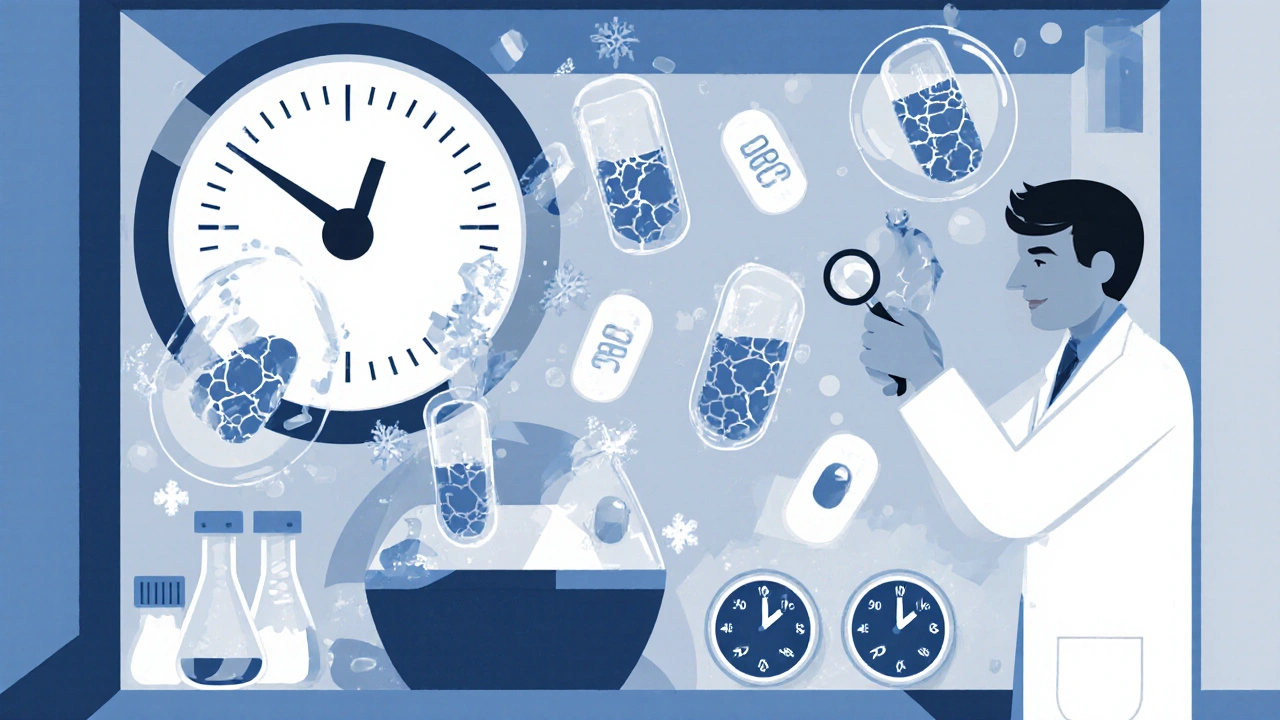 A lab chamber with floating drug samples under stress from heat, cold, and humidity in abstract cartoon form.