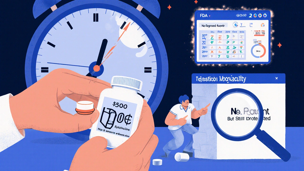 A patient holding a 0 pill next to a 10-cent version, with a regulatory clock and FDA dashboard showing exclusivity dates.