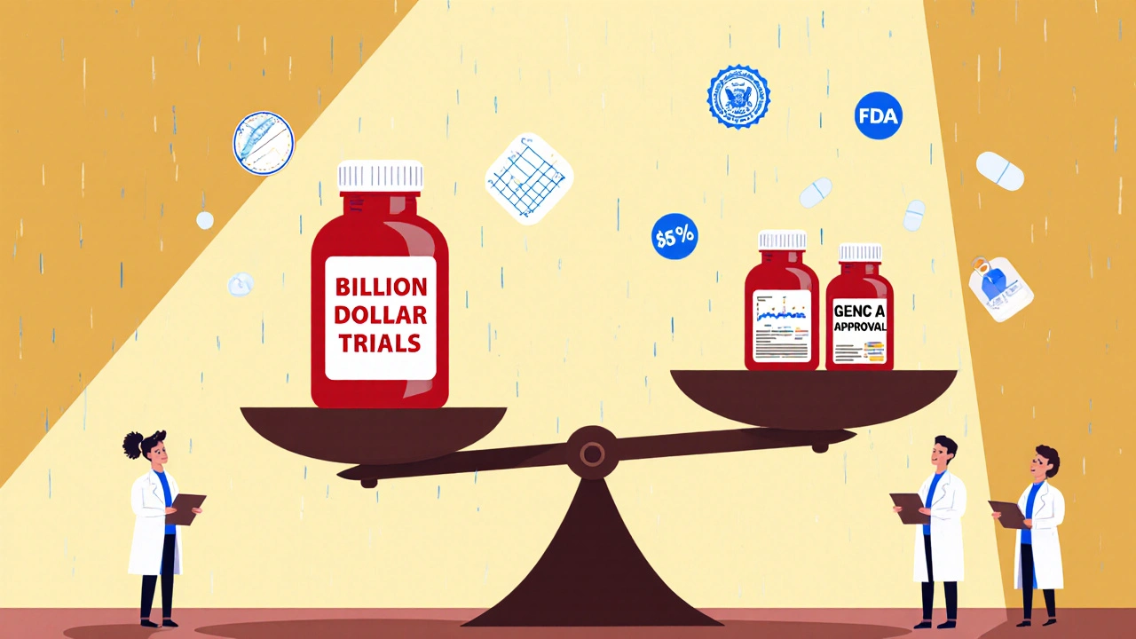 A scale balancing a costly brand-name drug against multiple affordable generics, with FDA seals and price tags floating around.