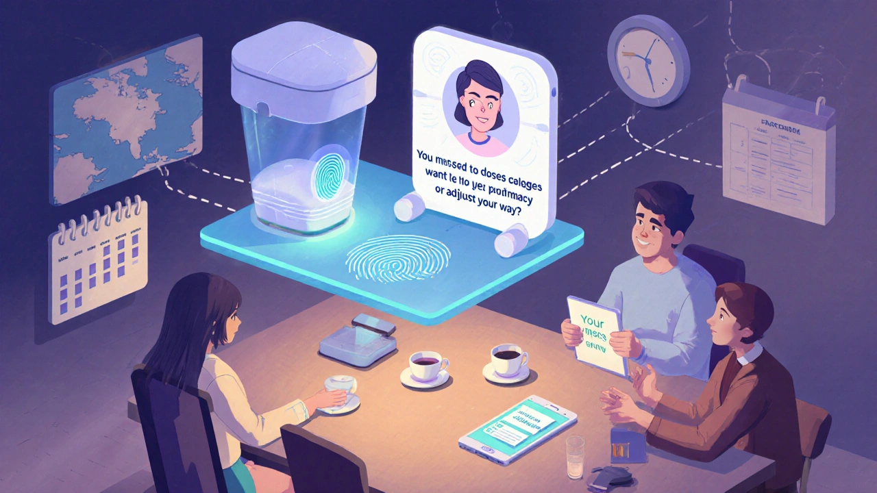 A smart pill dispenser and AI interface help a person manage meds at home, with family nearby and a reminder about delivery.