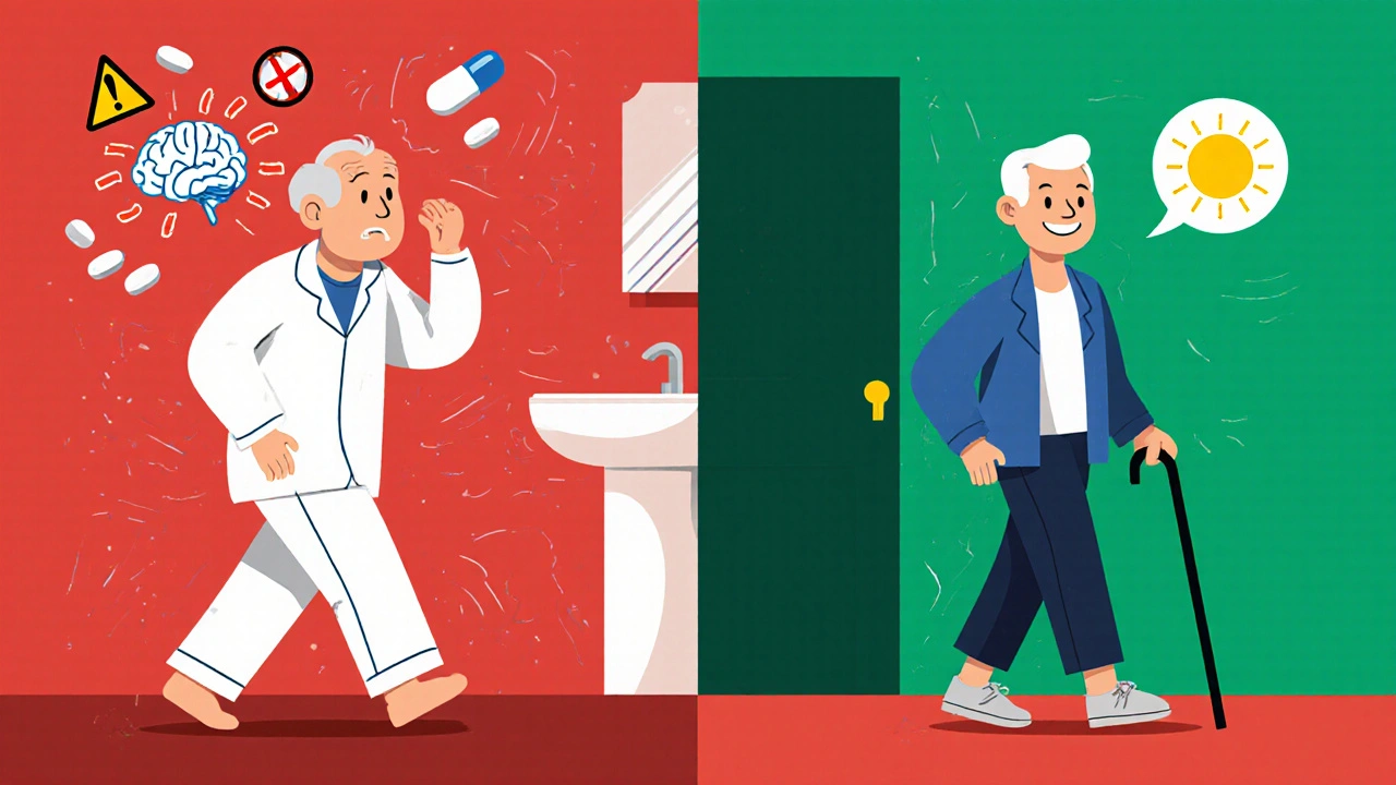 A split illustration showing the dangers of old sleep meds versus safe alternatives for seniors.