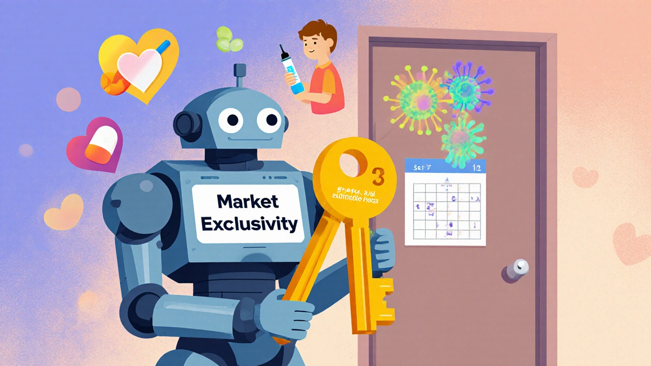 An FDA robot unlocking a generic drug door with colorful exclusivity icons for orphan, pediatric, and biologic drugs.