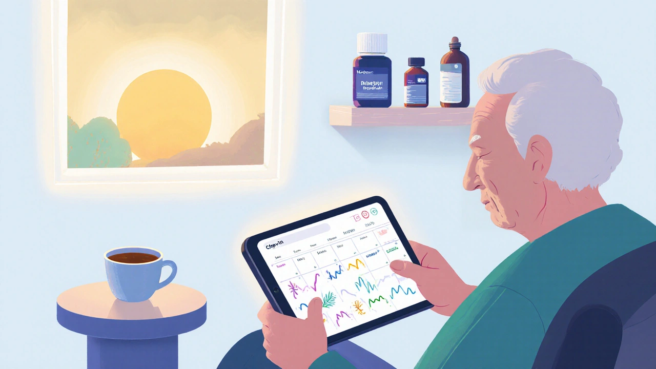 An older adult using a CBT-I app at home with sleep-friendly items nearby.