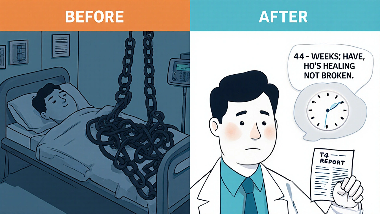 Before-and-after scene: sick patient with tangled hormone chains transforms into healthy recovery.