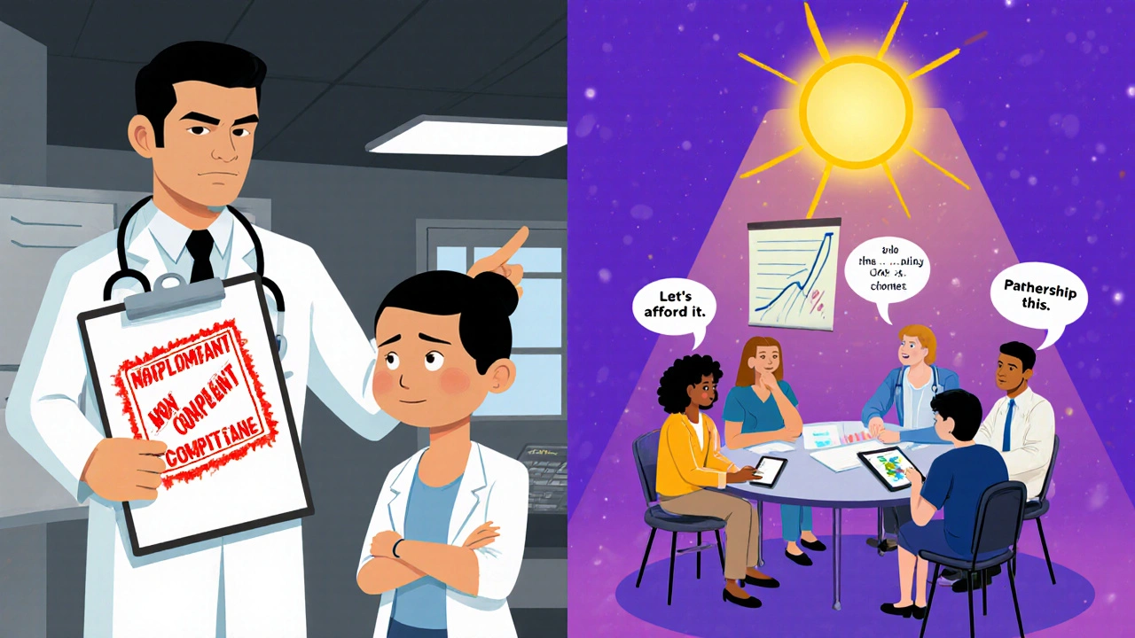 Contrasting scenes: a guilt-inducing doctor-patient interaction vs. a supportive circle discussing medication barriers with optimism.